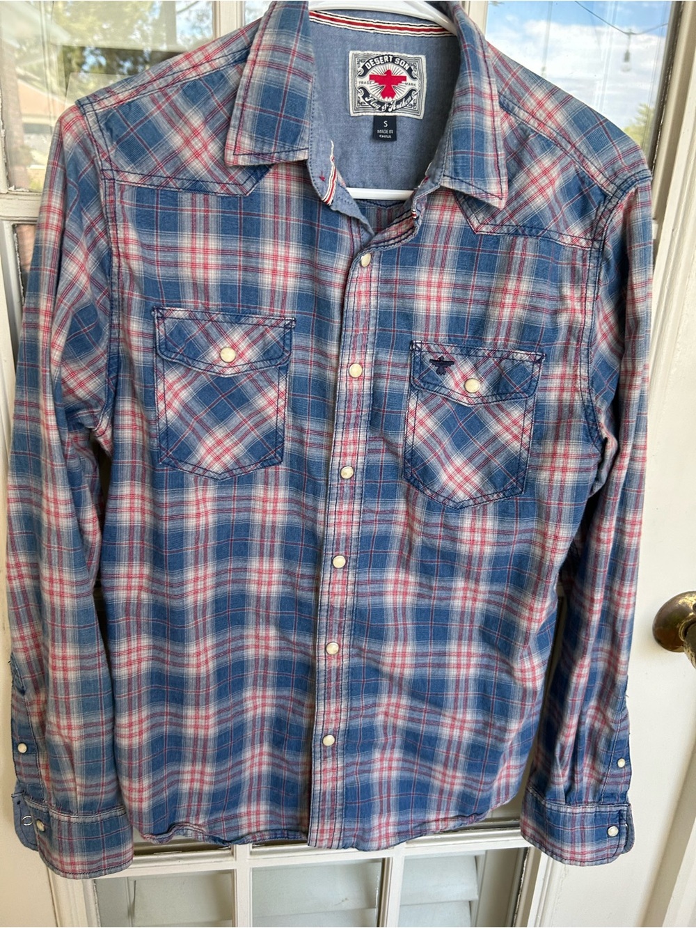 Men's Blue and Red Plaid Button-Down Shirt